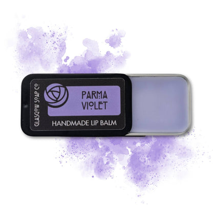 Parma Violet lip balm by Glasgow Soap Company inspired by the classic nostalgic sweet and handmade in Scotland