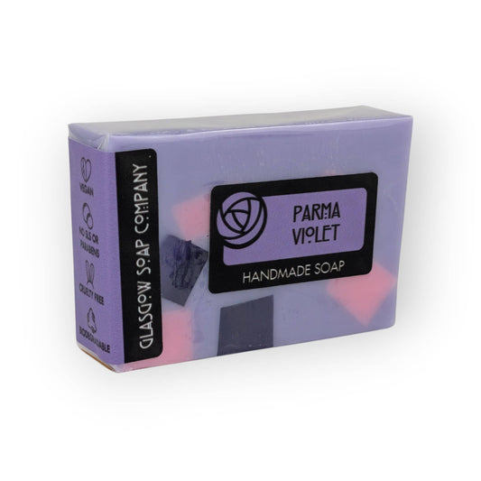Parma Violet handmade soap bar by Glasgow Soap Company with a nostalgic floral fragrance made in Scotland