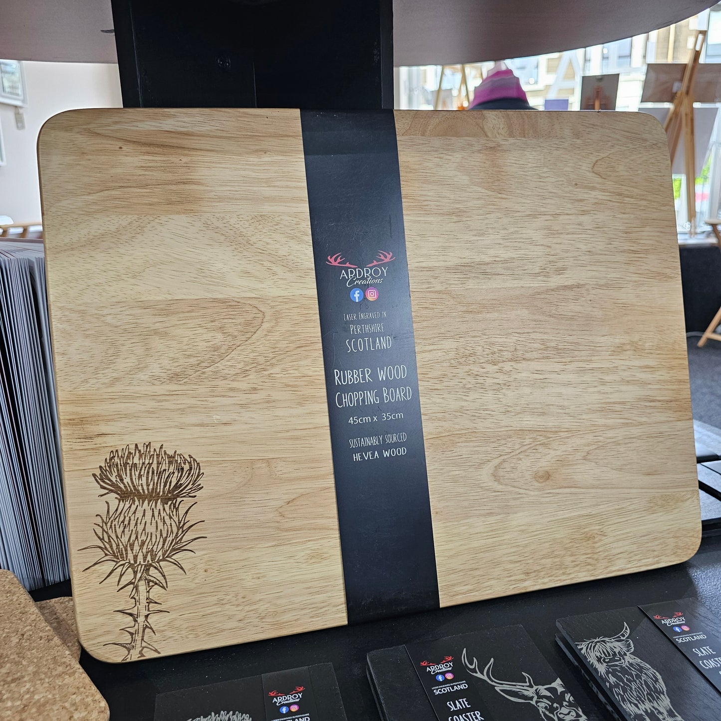 Scottish Hevea wood pastry board by Ardroy Creations with Thistle design