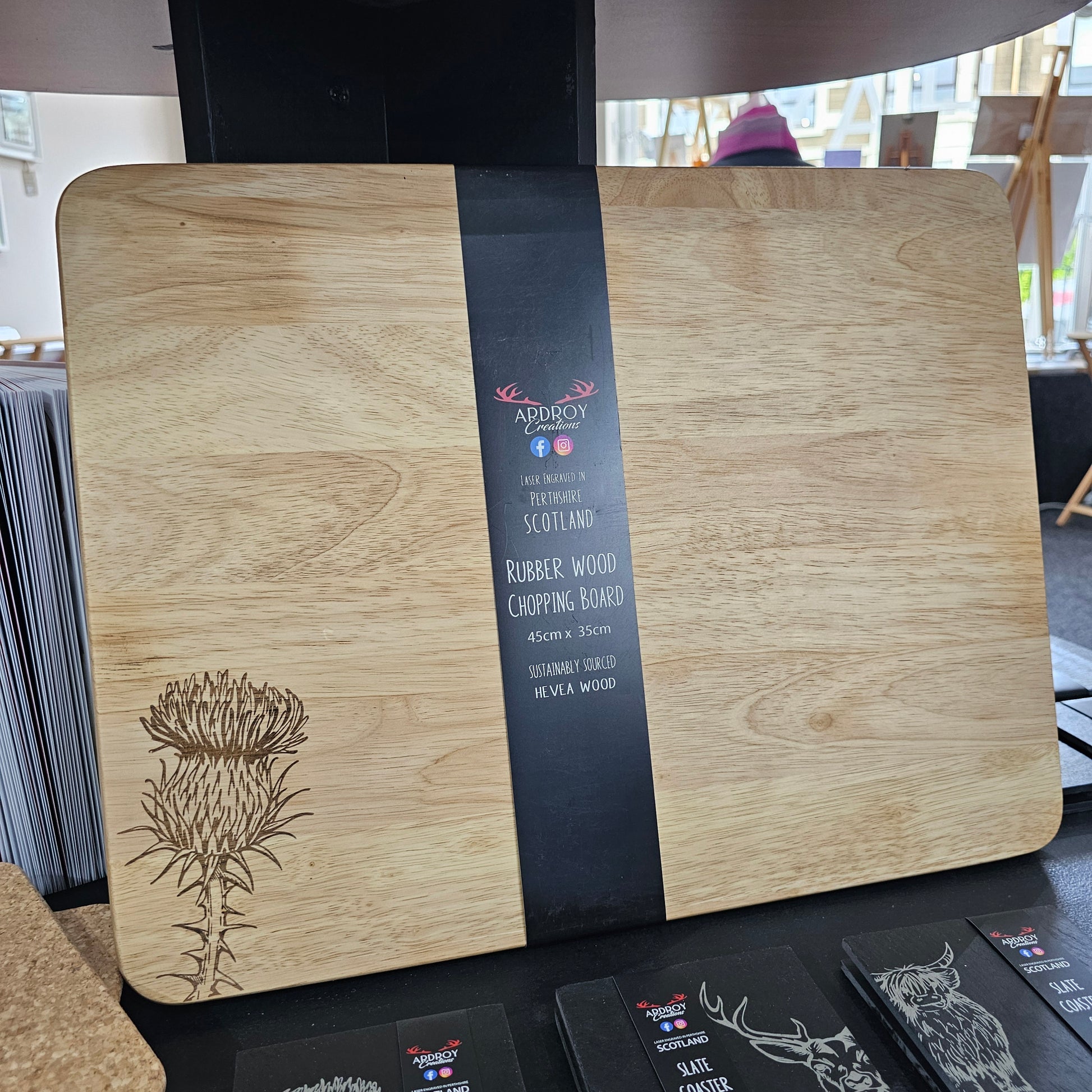 Scottish Hevea wood pastry board by Ardroy Creations with Thistle design
