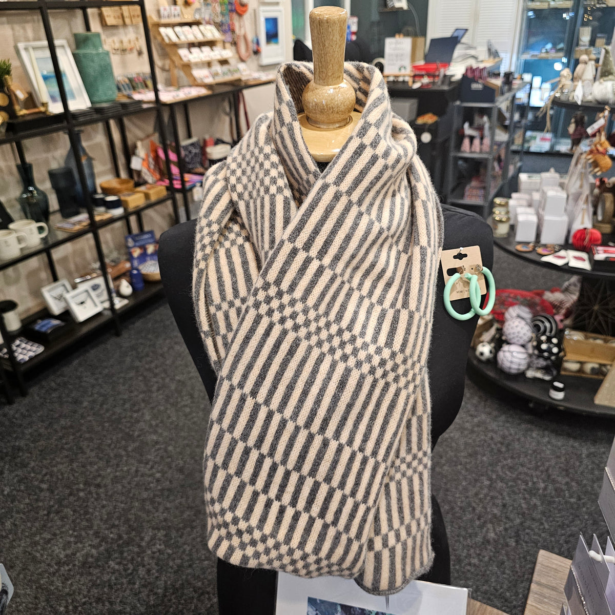 Mitchell + Black colour block check long scarf handcrafted in Scotland from 100% 