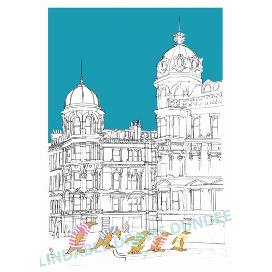 Penguins on Parade at Whitehall Street print by Lindabee Draws Dundee featuring the Five Penguins sculptures in Dundee