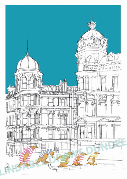 Penguins on Parade at Whitehall Street print by Lindabee Draws Dundee featuring the Five Penguins sculptures in Dundee
