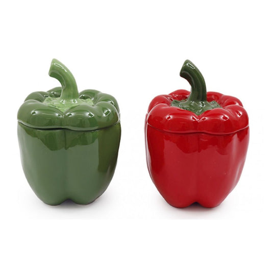 Pepper-shaped kitchen storage pot in red or green for storing dry ingredients and countertop organisation
