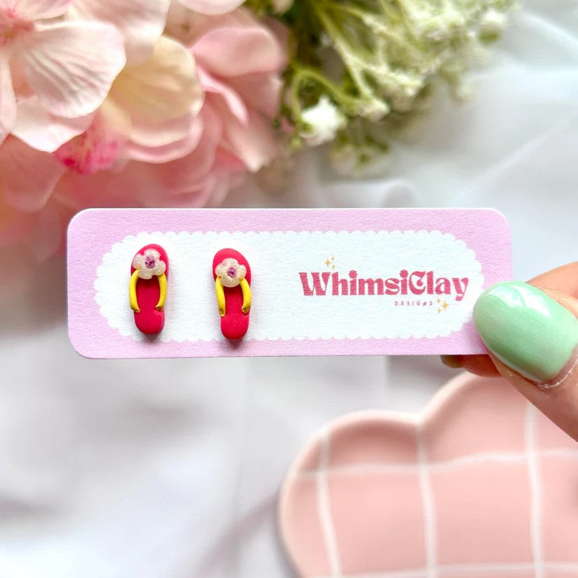 Polymer clay flip flop stud earrings in bright colours with stainless steel posts, lightweight and perfect for summer outfits - pink
