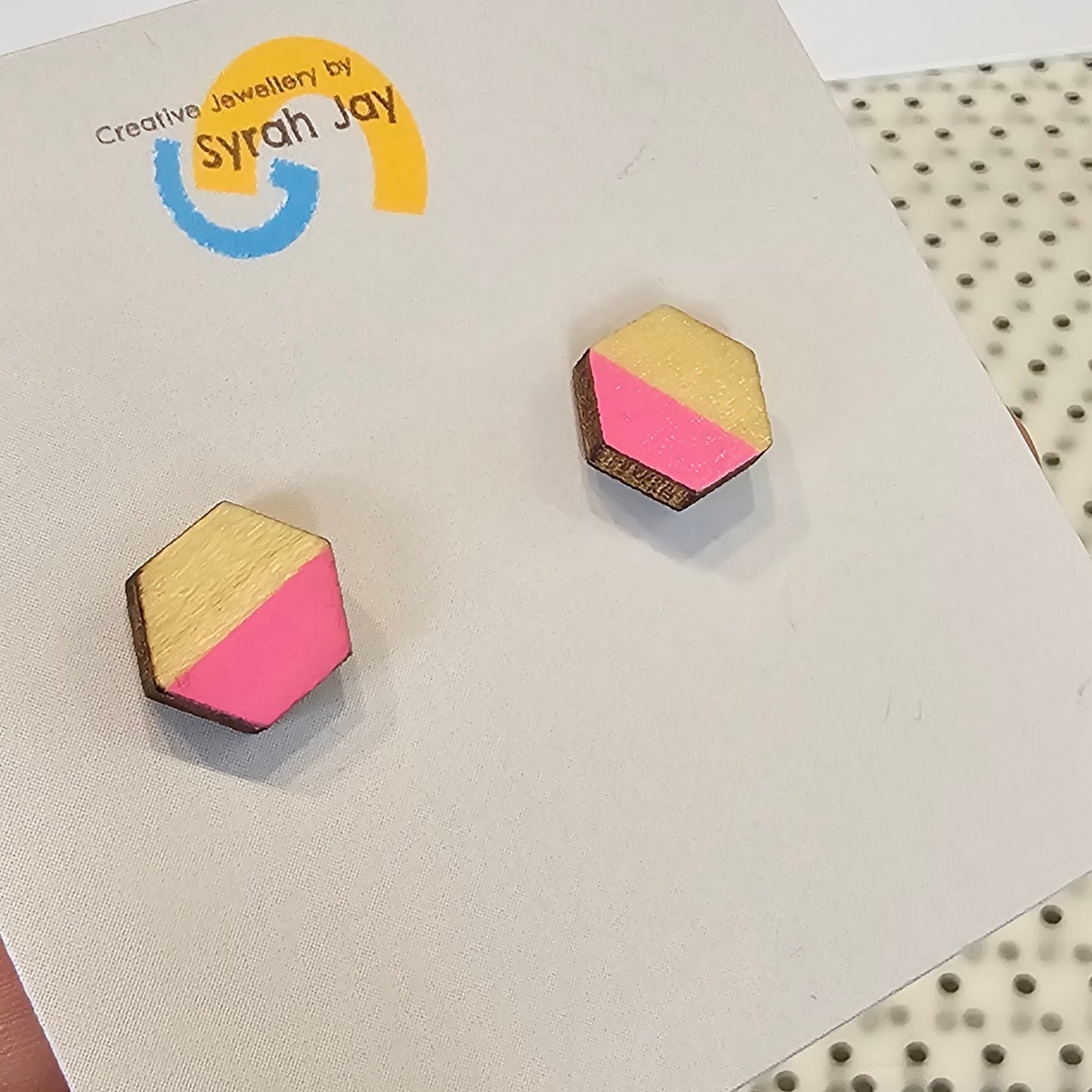 Geo Blok geometric stud earrings hand painted laser cut MDF shapes