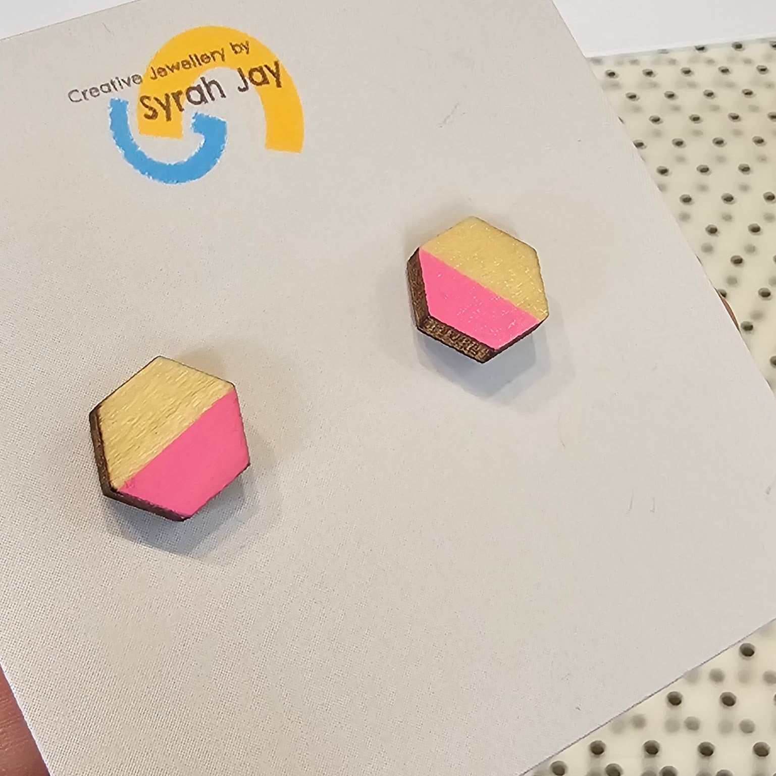Geo Blok geometric stud earrings hand painted laser cut MDF shapes