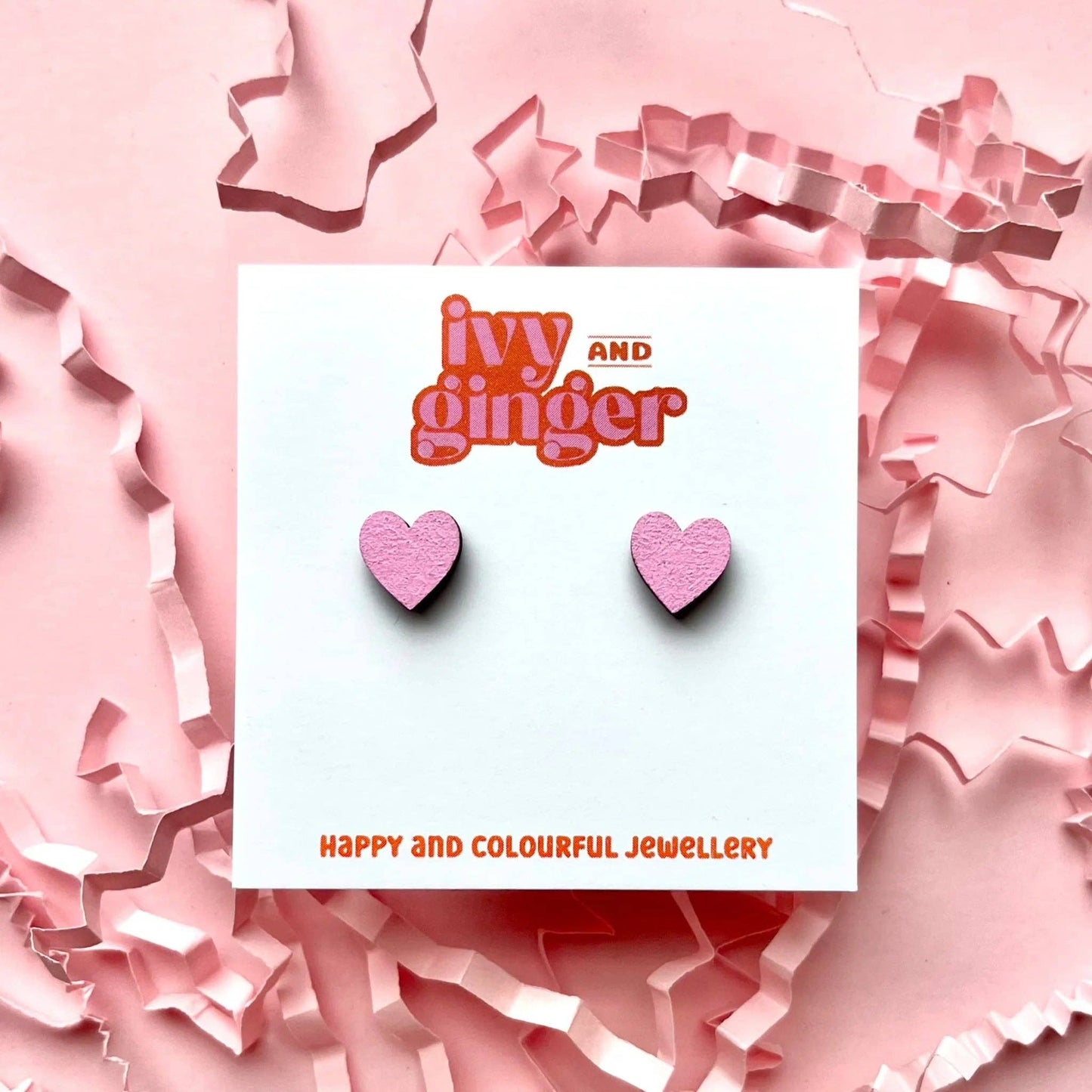 Pink mini heart stud earrings by Ivy and Ginger hand painted FSC wood jewellery