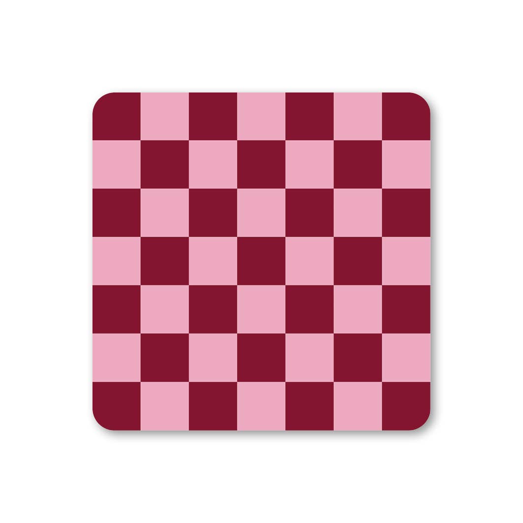 Ella Goddard retro drinks coasters in checkerboard and design, 90mm square melamine coasters