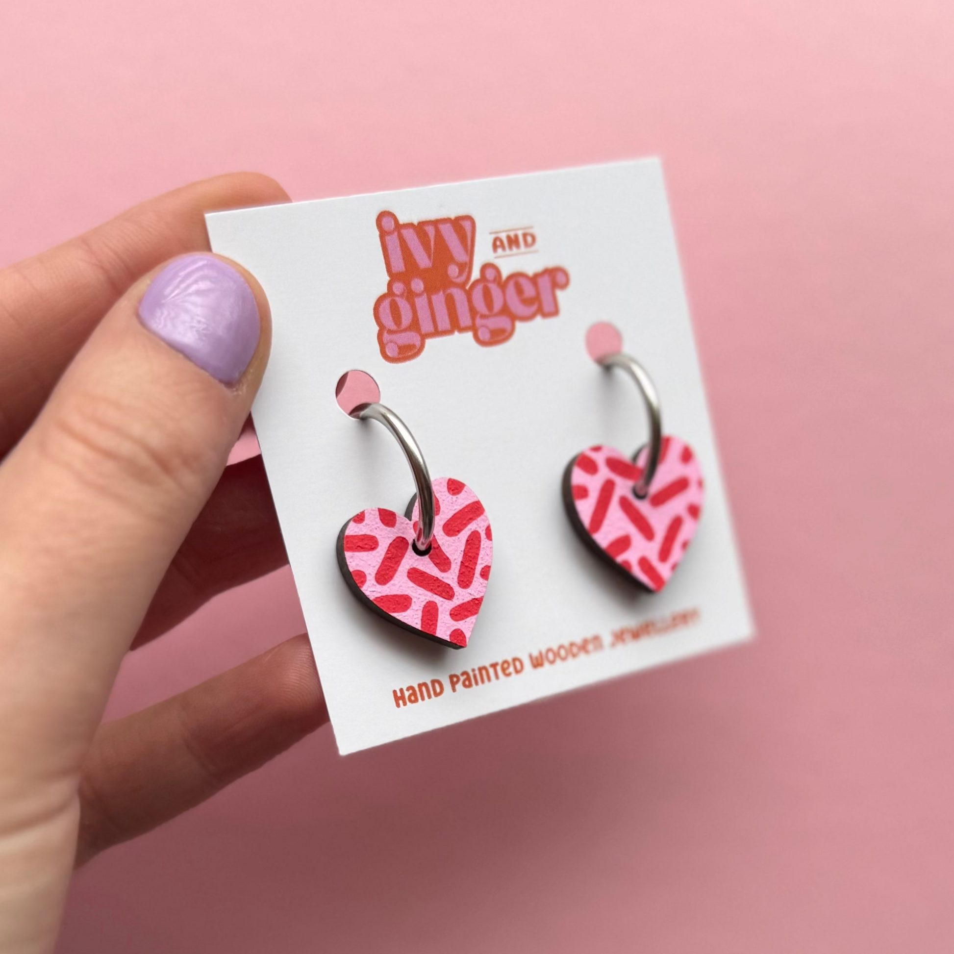 Pink and red dash heart hoop earrings by Ivy and Ginger hand painted FSC wood jewellery