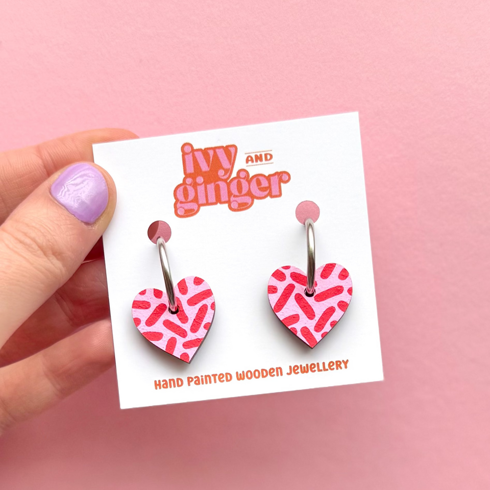 PINK + RED DASH PRINT HEART HOOPS