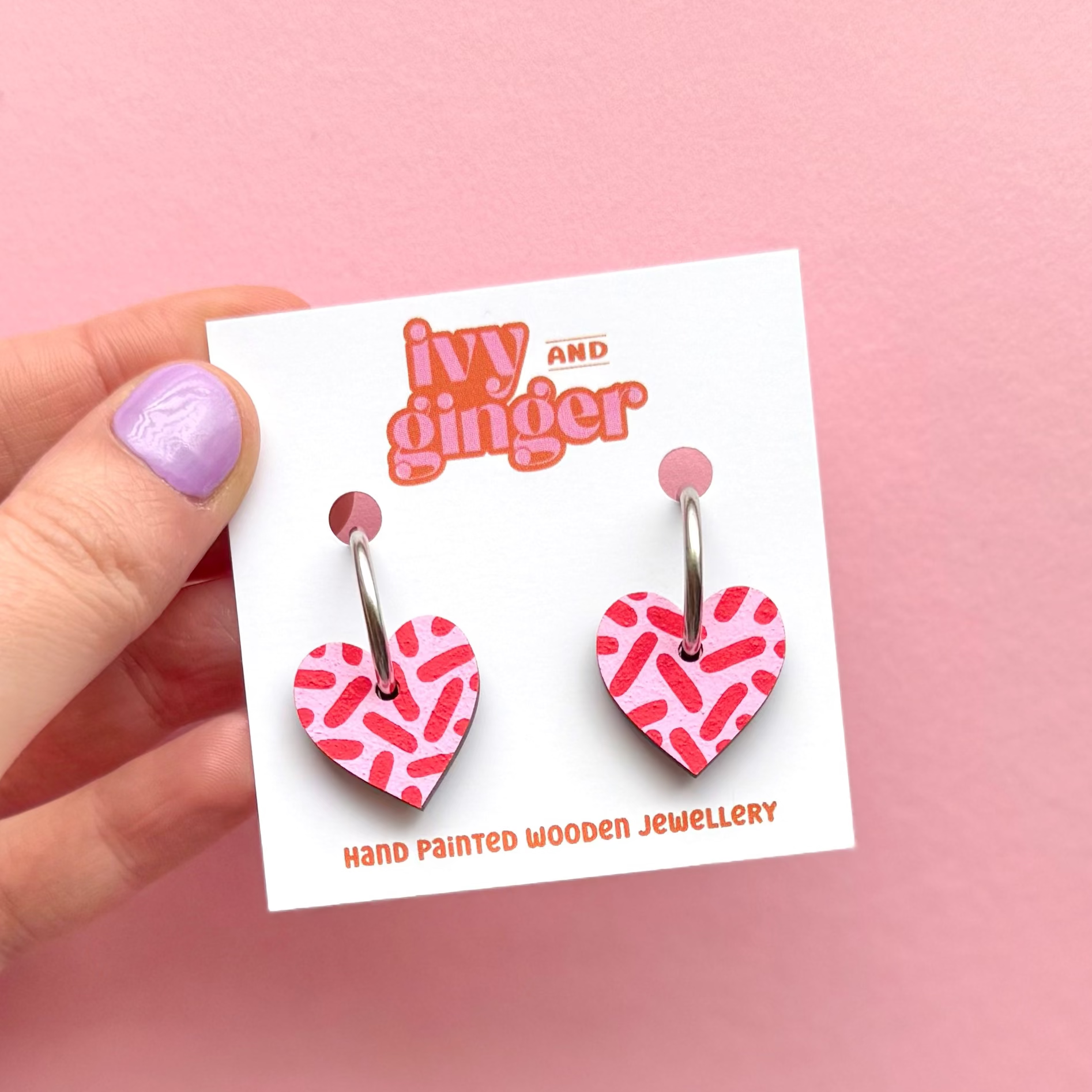 Pink and red dash heart hoop earrings by Ivy and Ginger hand painted FSC wood jewellery