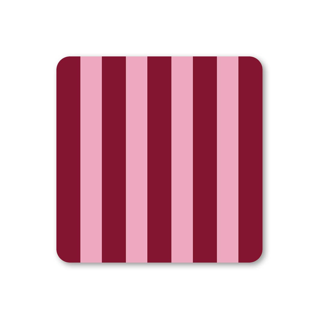 Ella Goddard retro drinks coaster in pink and red stripe design, 90mm square melamine coasters