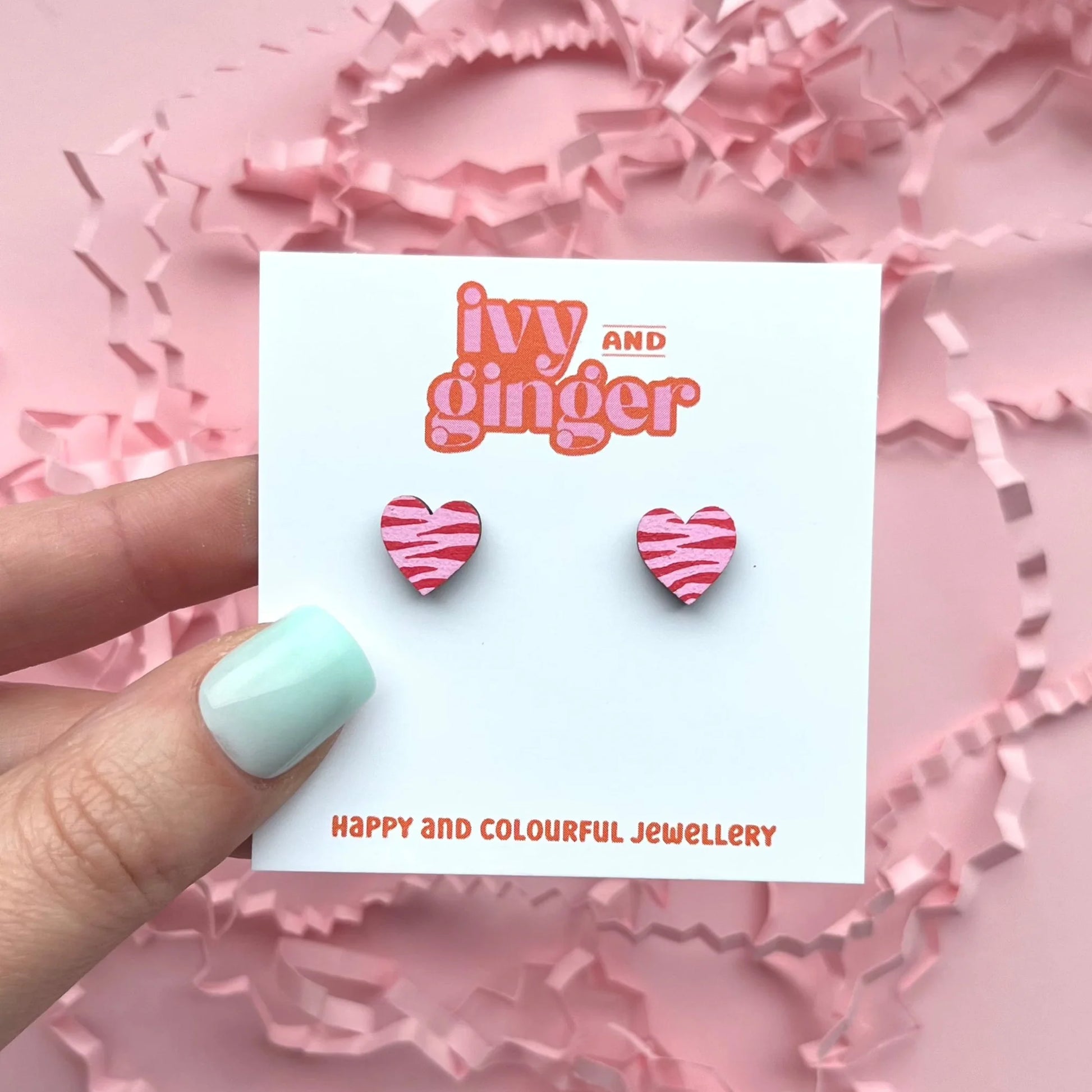 Pink and red zebra heart stud earrings by Ivy and Ginger hand painted 10mm studs