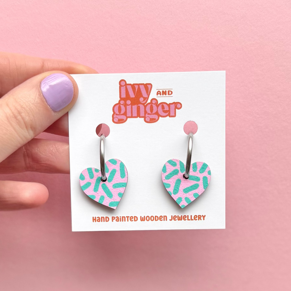 PINK + TEAL DASH PRINT HEART HOOPS