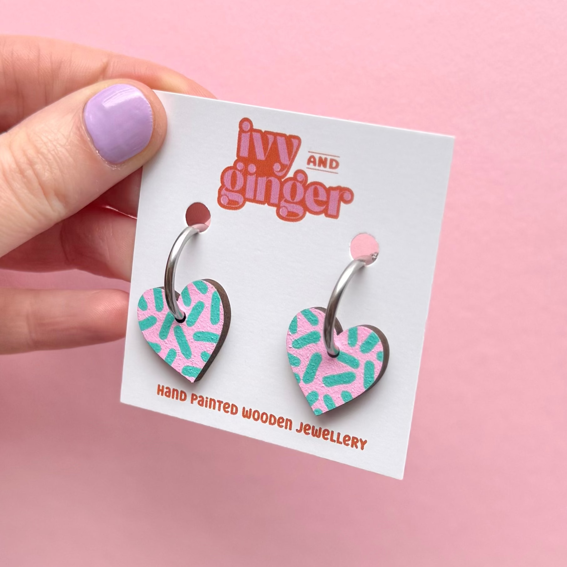 Pink and teal dash heart hoop earrings by Ivy and Ginger hand painted FSC wood jewellery