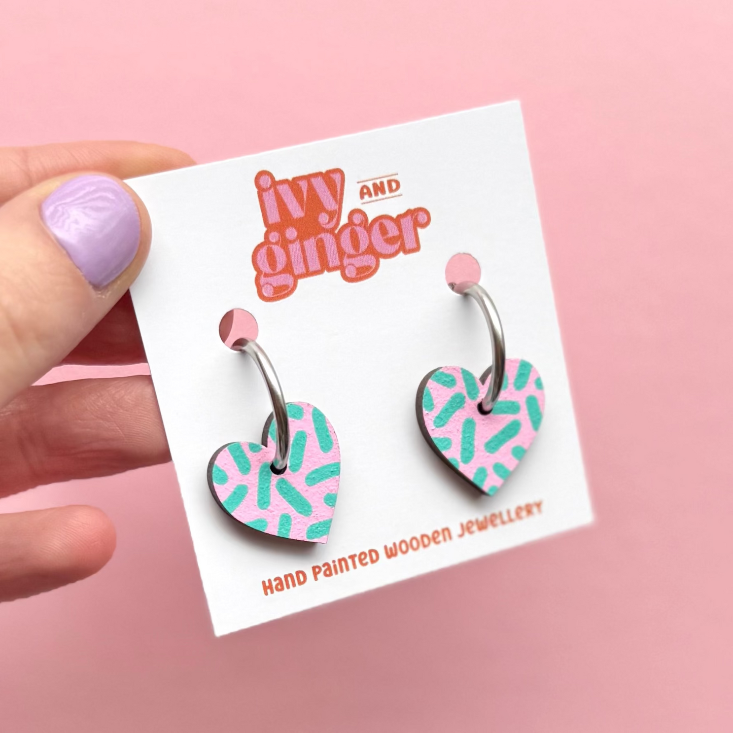 Pink and teal dash heart hoop earrings by Ivy and Ginger hand painted FSC wood jewellery