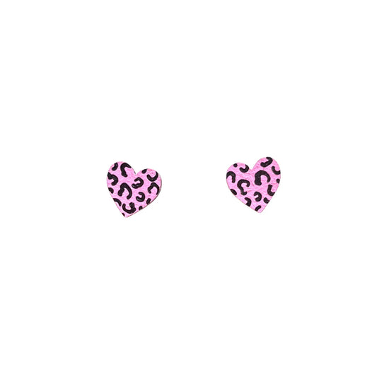 Pink + Black mini leopard print heart stud earrings handpainted wood