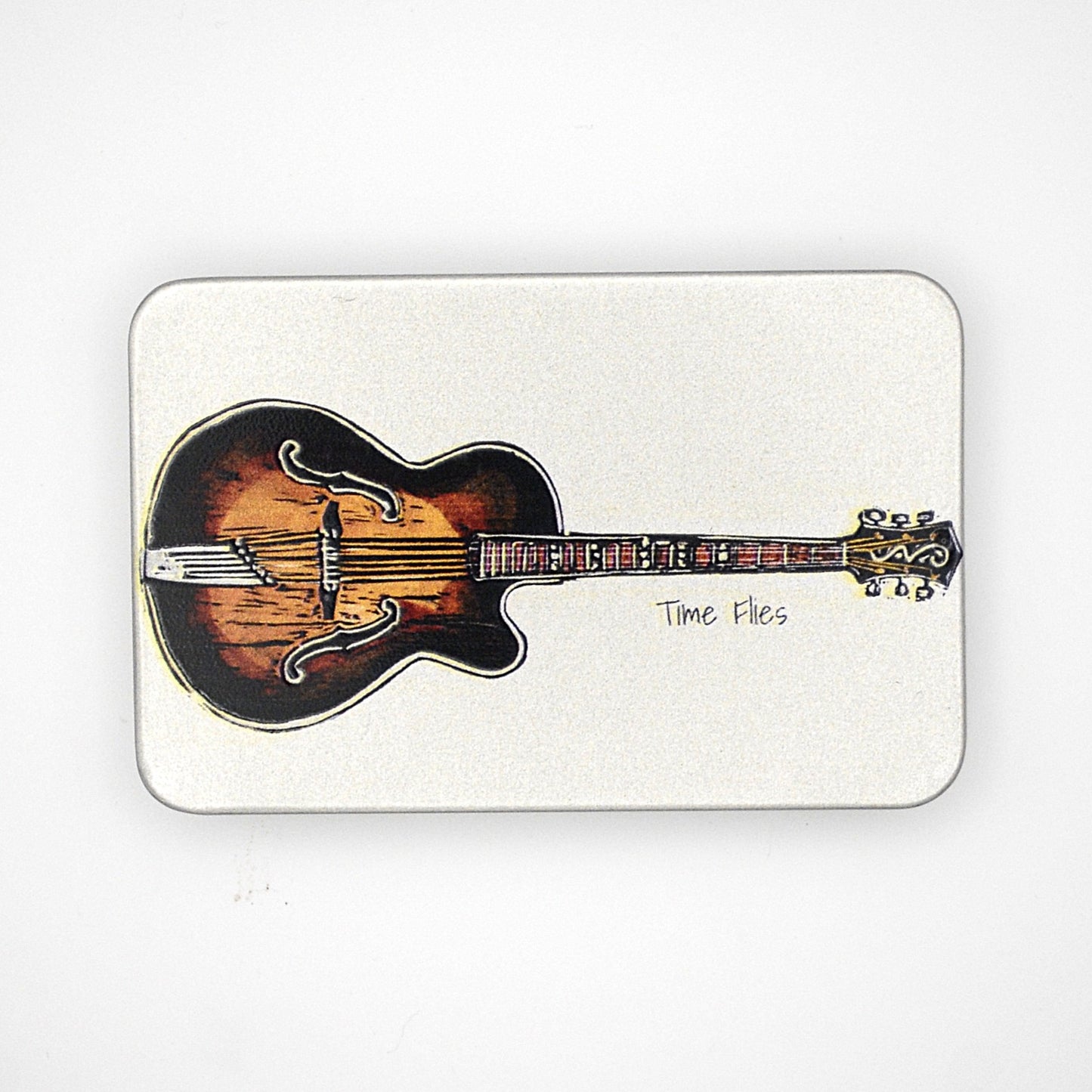 Silver rectangular tin with sliding lid featuring a guitar image with the phrase 'Time Flies' written on it.