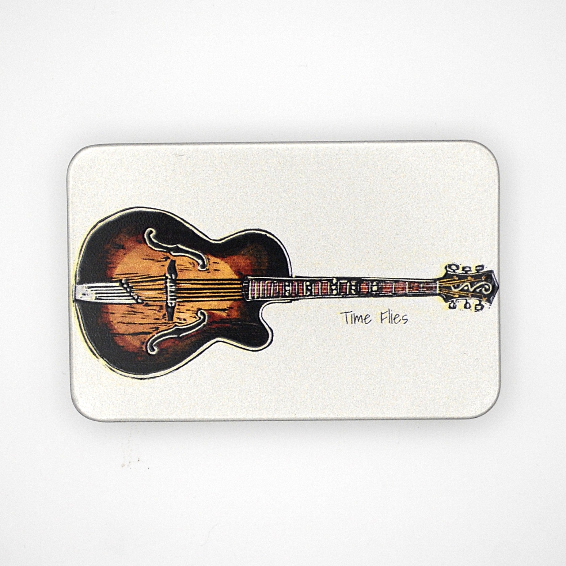 Silver rectangular tin with sliding lid featuring a guitar image with the phrase 'Time Flies' written on it.