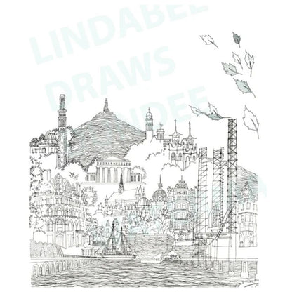 A Portrait of Dundee black and white art print by Lindabee Draws Dundee featuring the city's iconic landmarks and The Law
