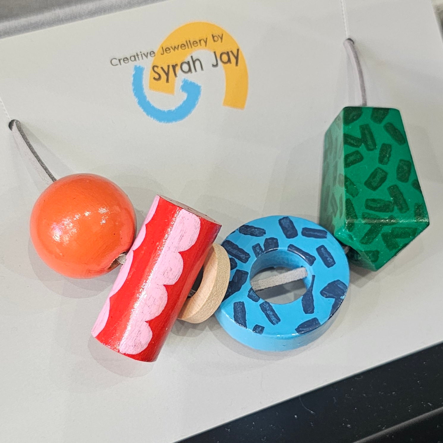 Colourful wooden geo block bead necklace by Syrah Jay