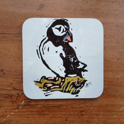 Hardwood coaster with BeeBirds Puffin lino print artwork