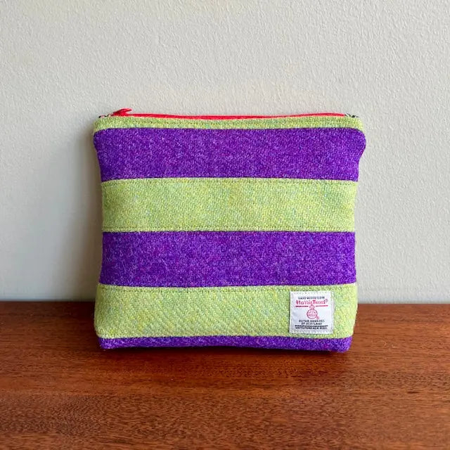 Loch + Loom striped Harris Tweed zipped make-up bag with coordinating solid Harris Tweed reverse
