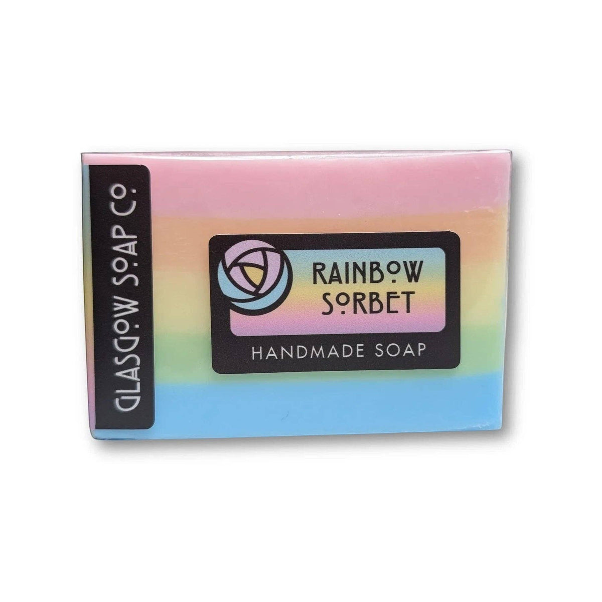 Rainbow Sorbet handmade soap bar by Glasgow Soap Company with pastel layers and tropical fruit fragrance