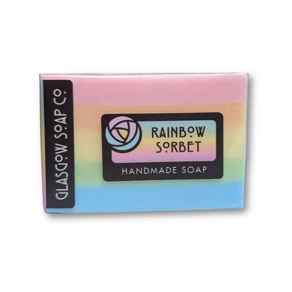 Rainbow Sorbet handmade soap bar by Glasgow Soap Company with pastel layers and tropical fruit fragrance