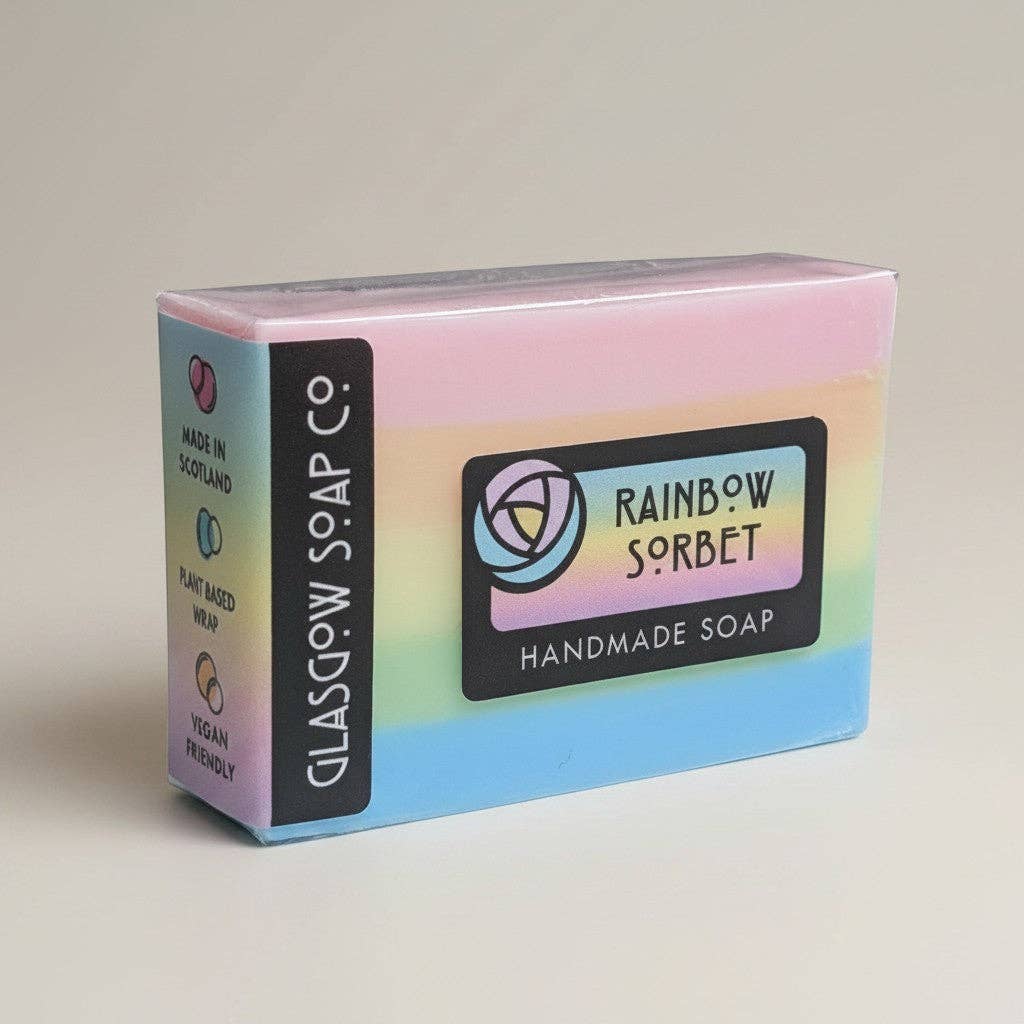 Rainbow Sorbet handmade soap bar by Glasgow Soap Company with pastel layers and tropical fruit fragrance