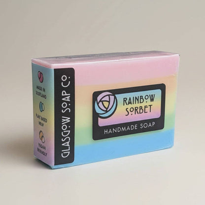 Rainbow Sorbet handmade soap bar by Glasgow Soap Company with pastel layers and tropical fruit fragrance