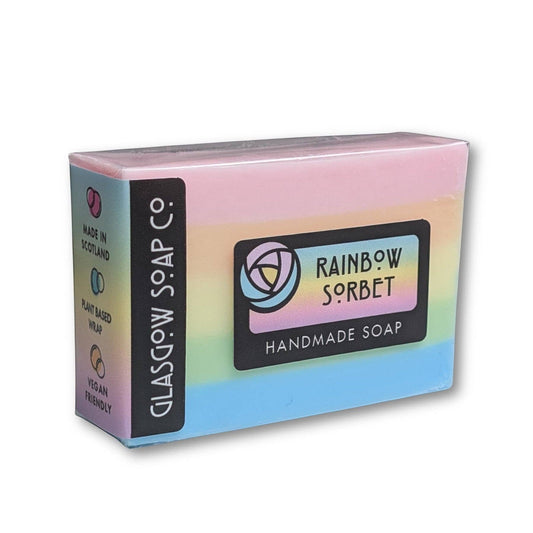 Rainbow Sorbet handmade soap bar by Glasgow Soap Company with pastel layers and tropical fruit fragrance