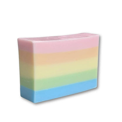 Rainbow Sorbet handmade soap bar by Glasgow Soap Company with pastel layers and tropical fruit fragrance