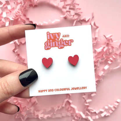 Mini red heart stud earrings by Ivy and Ginger hand painted jewellery with surgical steel findings