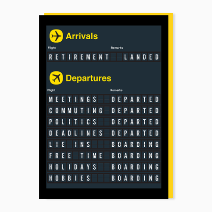 Retirement Departures card by Stoats & Weasels featuring a humorous airport departures board design