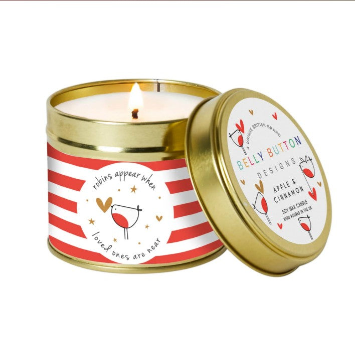 Robins Appear When Loved Ones Are Near soy wax candle in a decorative red stripe and robin tin with Apple and Cinnamon fragrance