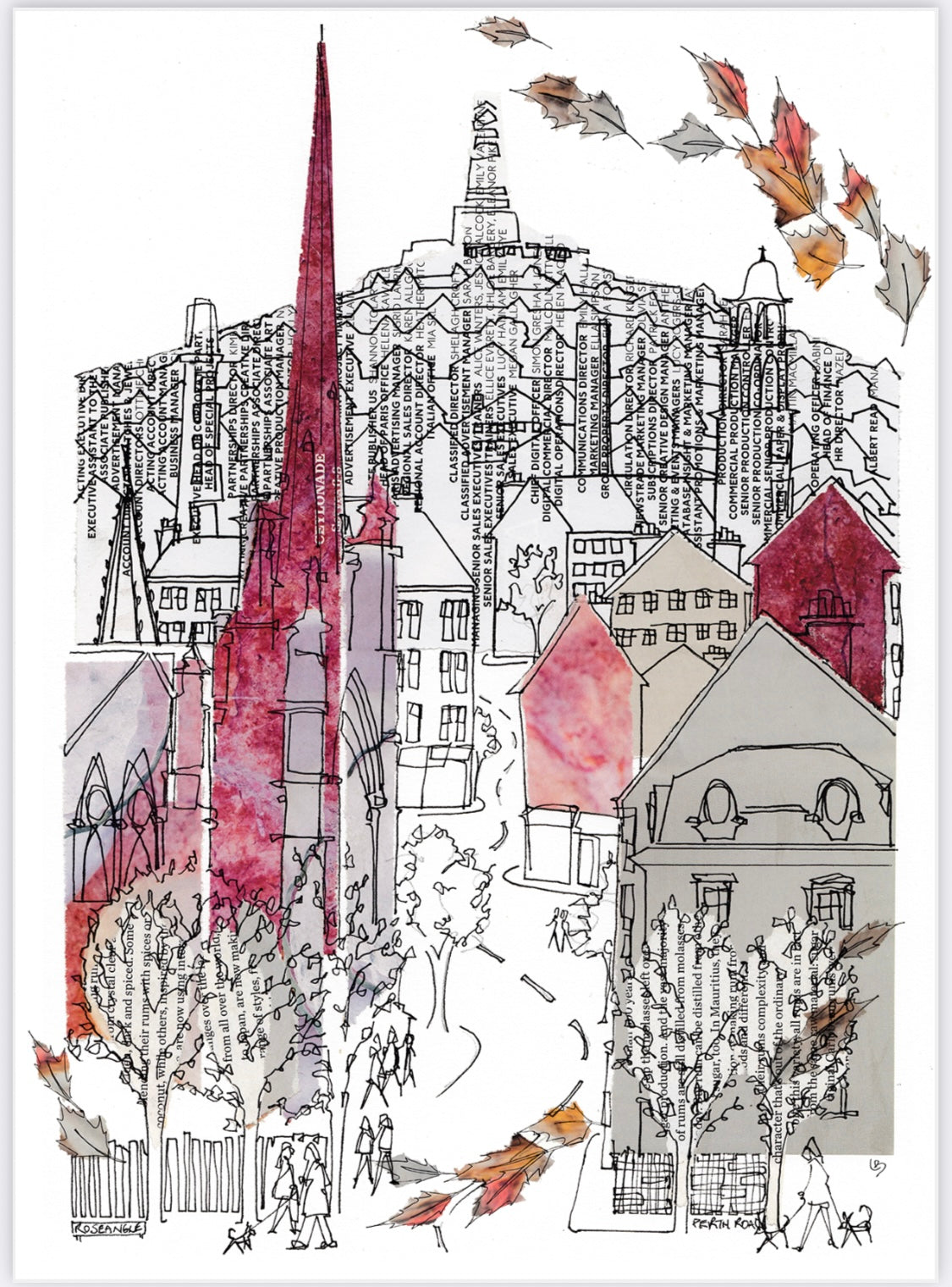 Rose Pink Perth Road greeting card by Lindabee Draws Dundee featuring rooftops, architectural spires and The Law