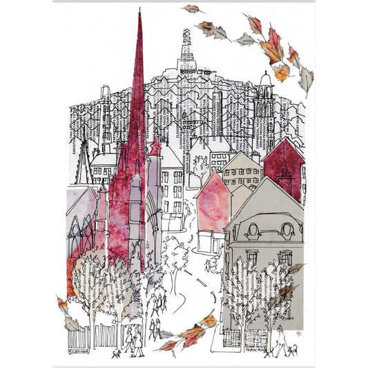 Rose Pink Perth Road greeting card by Lindabee Draws Dundee featuring rooftops, architectural spires and The Law