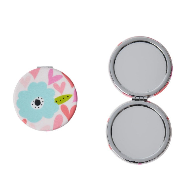 Belly Button Designs round compact mirror with hearts and flowers pattern made from recycled RPET plastic