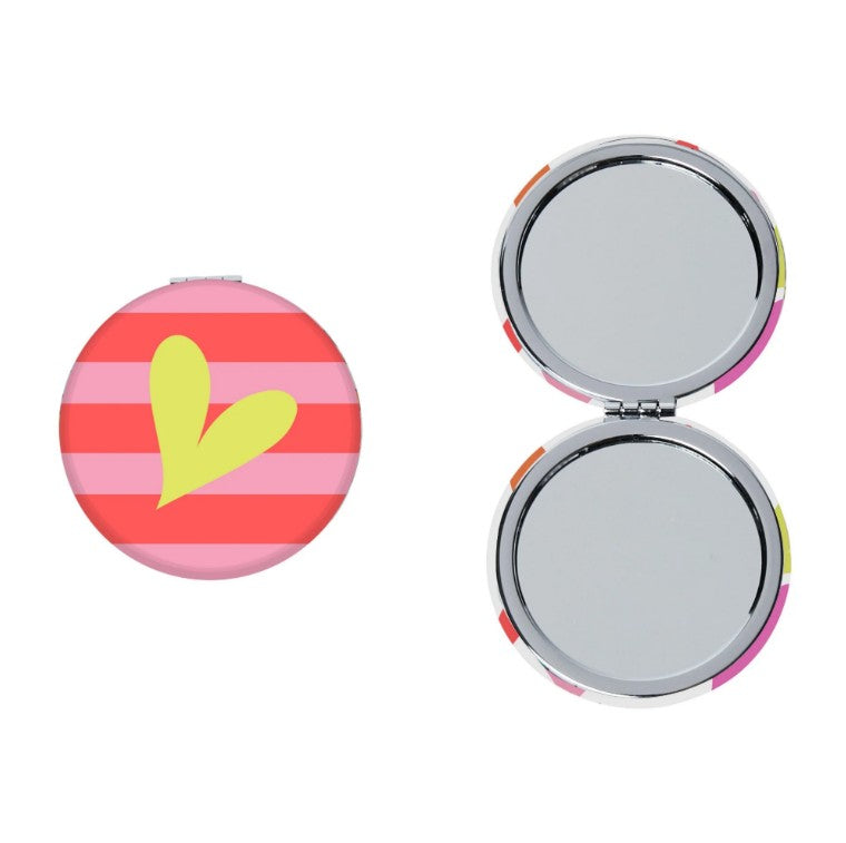 Belly Button Designs round compact mirror with hearts and stripes pattern made from recycled RPET plastic