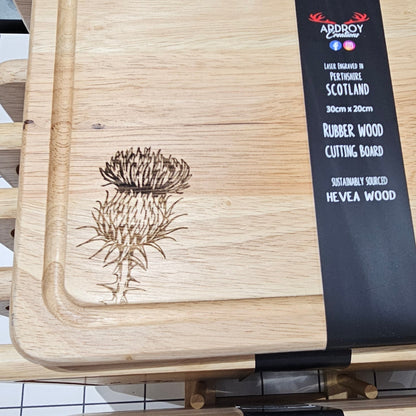 Ardroy Creations Scottish rubberwood boards measuring 30 x 20cm, featuring engraved Stag, Highland Coo, Thistle, Puffin, Red Squirrel and Landrover designs.