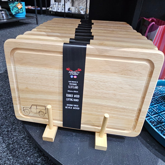 Ardroy Creations Scottish rubberwood boards measuring 30 x 20cm, featuring engraved Stag, Highland Coo, Thistle, Puffin, Red Squirrel and Landrover designs.