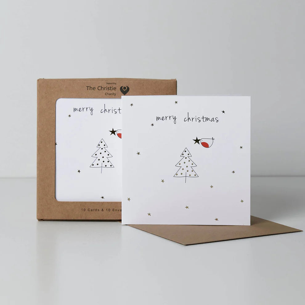 A pack of Christmas cards with a Christmas tree, star and robin design