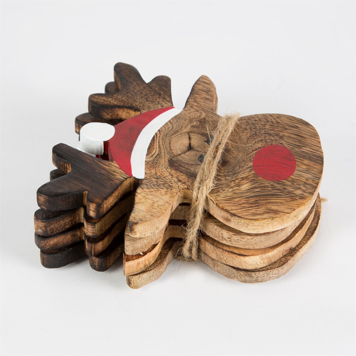 Set of 4 brown wooden coasters with festive Rudolph the Reindeer design.