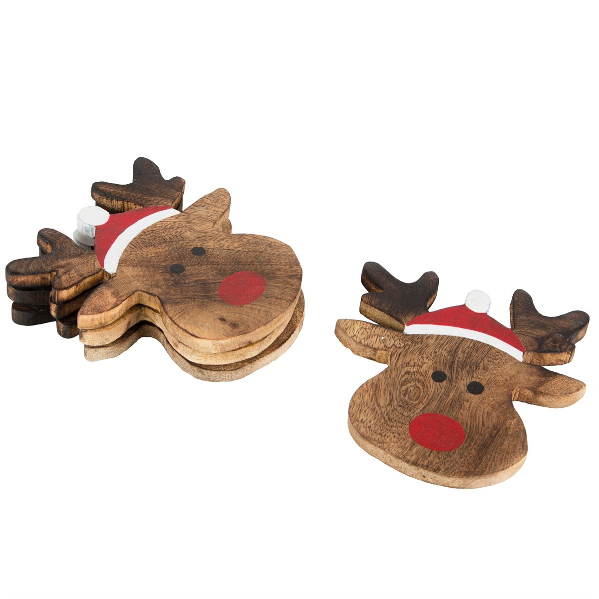 Set of 4 brown wooden coasters with festive Rudolph the Reindeer design.