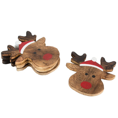 Set of 4 brown wooden coasters with festive Rudolph the Reindeer design.
