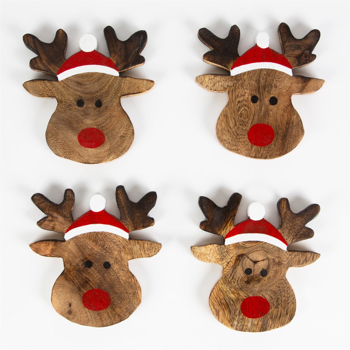 Set of 4 brown wooden coasters with festive Rudolph the Reindeer design.