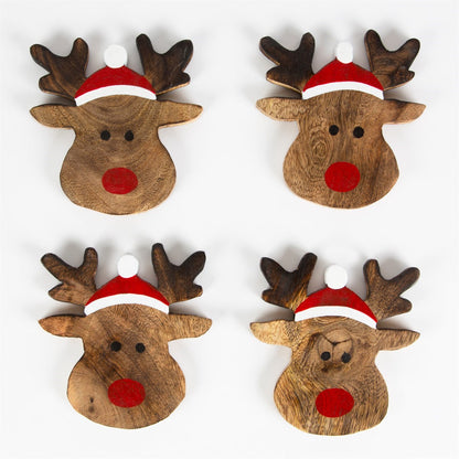 Set of 4 brown wooden coasters with festive Rudolph the Reindeer design.