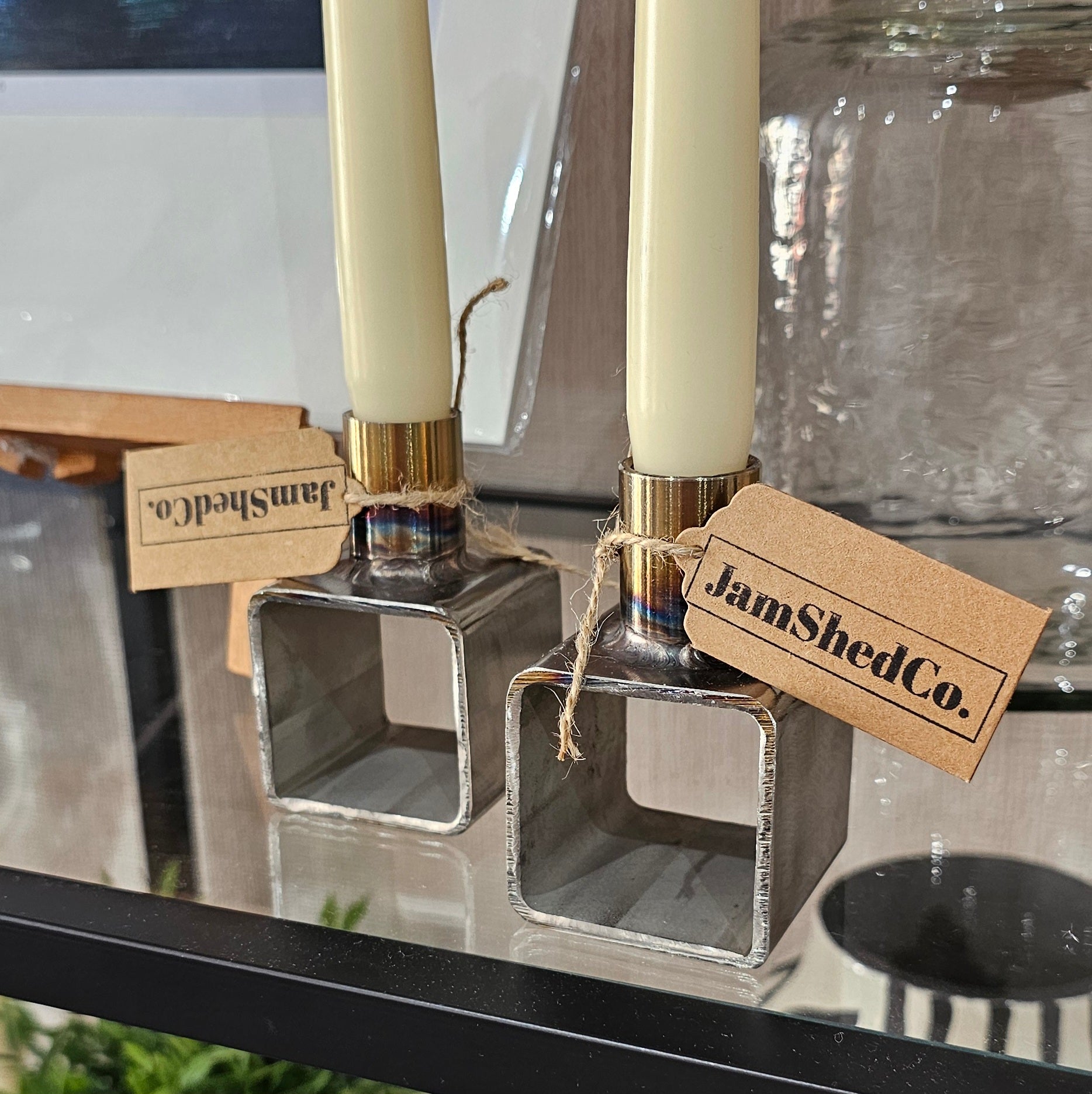 Two Stainless Steel SHS Candle Holders by The Jam Shed Co